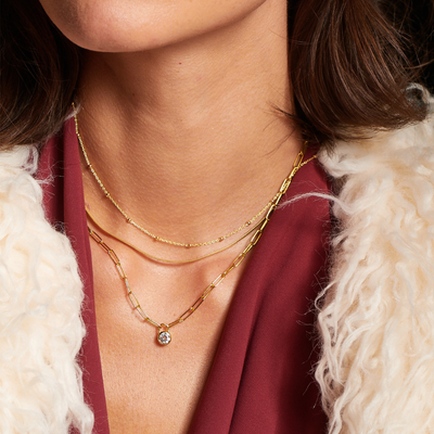 Close-up of a person wearing a gold necklace with a maroon top and white fur collar.