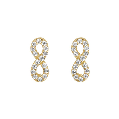A pair of yellow gold infinity stud earrings with glittering cubic zirconia stones.