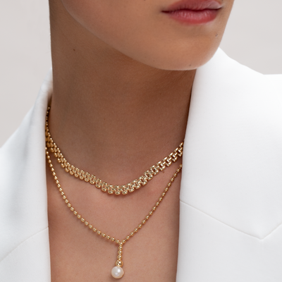 Yellow Gold Flat Link Necklace modelled