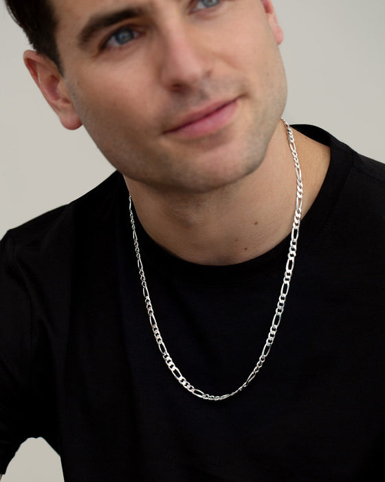 Man wearing a silver chain necklace against a plain background