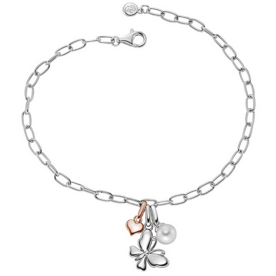 Children's Silver Butterfly, Pearl & Rose Gold Heart Bracelet