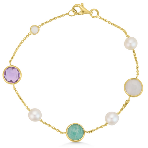 9ct Gold Pearl Amethyst & Turquoise Bracelet