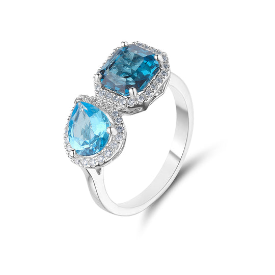 White Gold Blue Topaz Toi et Moi Ring
