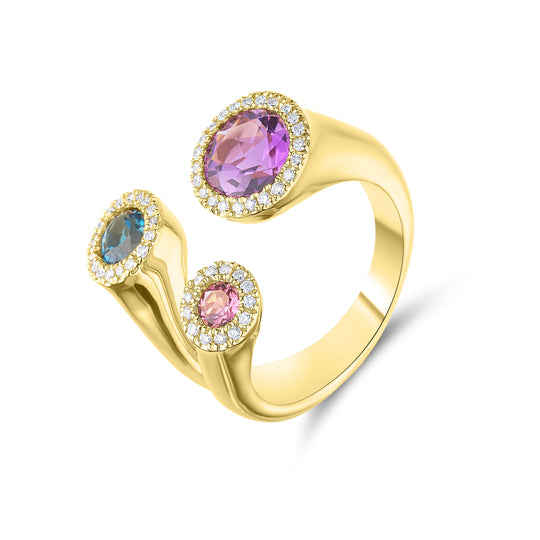 Yellow Gold Amethyst, Topaz & Pink Tourmaline Ring