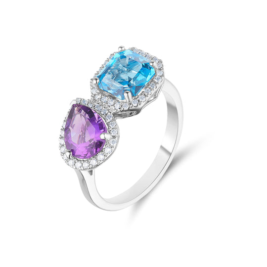 White Gold Amethyst, Blue Topaz Moi et Toi Ring