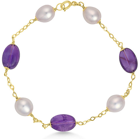 A bracelet featuring oval-shaped amethyst and pearl gemstones set in 18ct yellow gold.