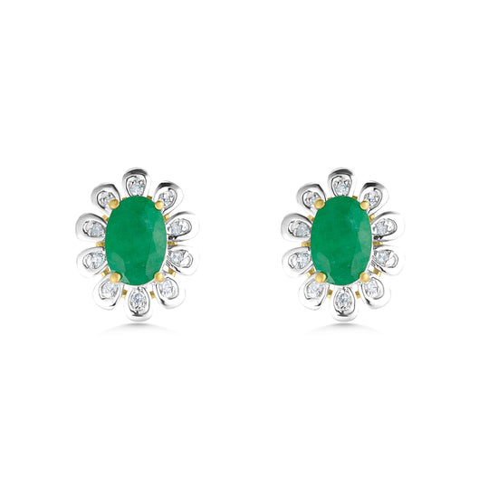 9ct Emerald & Diamond Floral Stud Earrings