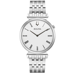A Bulova Regatta white dial watch with a stainless steel band and case, featuring slim Roman numeral markers and a gold-tone case.