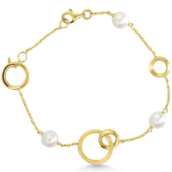 A 9ct yellow gold pearl circle bracelet with polished gold discs and a chain link closure.