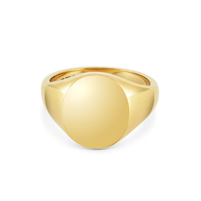 A yellow gold signet crest ring with a polished finish.