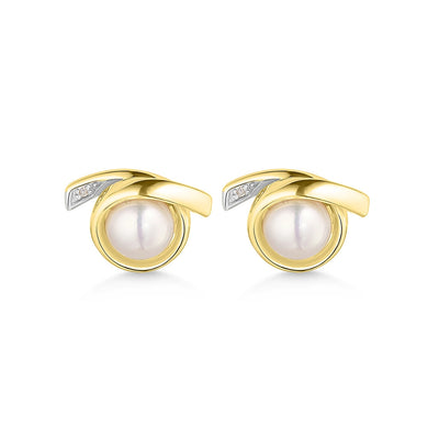 A pair of 9ct gold stud earrings featuring a pearl center with a diamond surround.