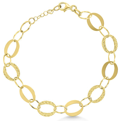 A gold-colored bracelet featuring a series of oval links with a brushed and polished finish.