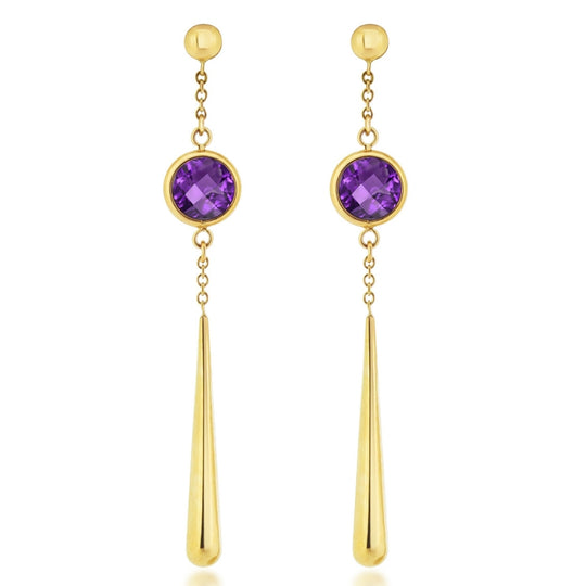 9ct Yellow Gold Amethyst Long Drop Earrings