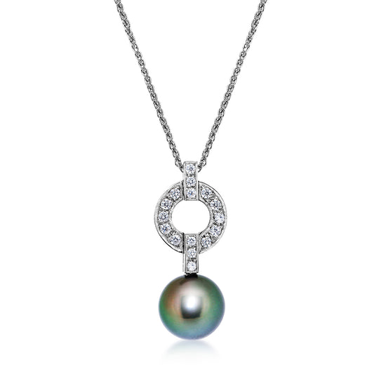 18ct White Gold Diamond & Black Cultured Pearl Pendant