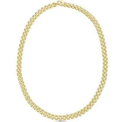A yellow gold flat link necklace with a glossy finish, crafted from 18ct gold vermeil on sterling silver.