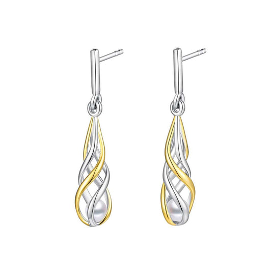 Sterling Silver Two Tone Twirl Pearl Drop Earrings