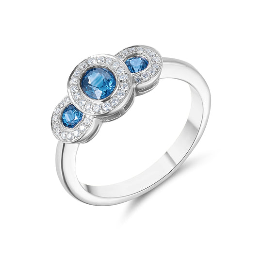 18ct Three Stone Sapphire & Diamond Halo Ring