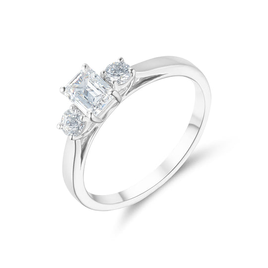 18ct White Gold Lab Grown Emerald Cut Trilogy Ring