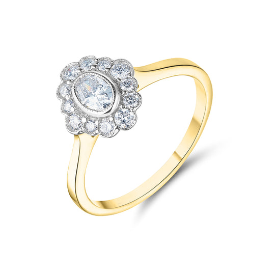 18ct Yellow Gold Oval Cut Halo Style Diamond Ring