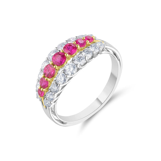 White Gold Three Row Ruby & Diamond Ring
