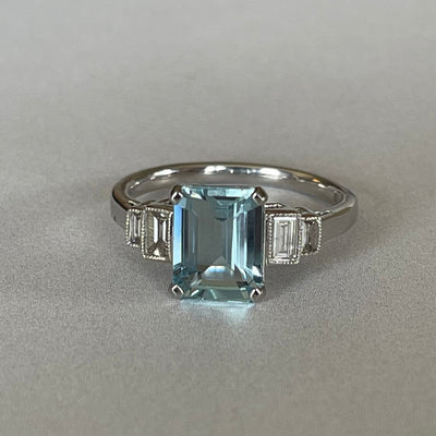 Emerald Cut Aquamarine & Diamond Ring