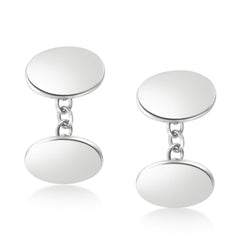 A pair of sterling silver oval plain cufflinks with a polished finish and sleek cable chain fastening.