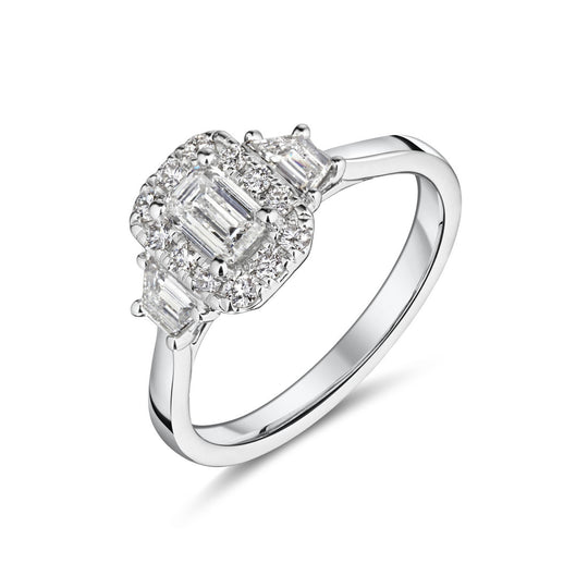 18ct White Gold Emerald Cut Ring With Diamond Halo & Baguette Diamonds