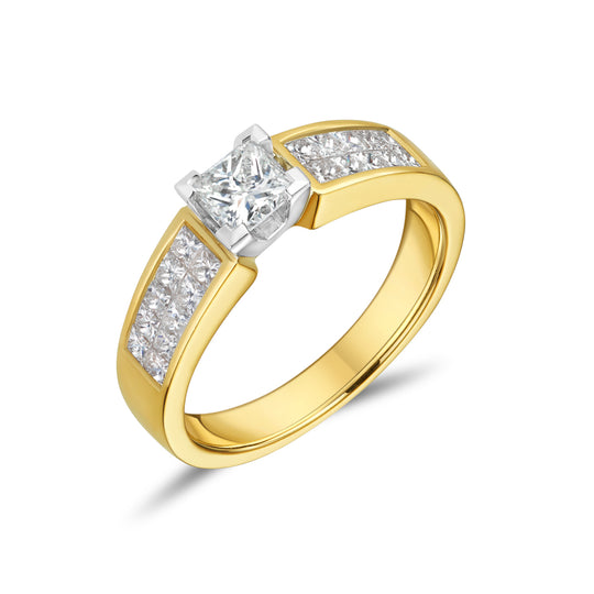 18ct Yellow Gold Princess Cut & Diamond Shoulder Ring