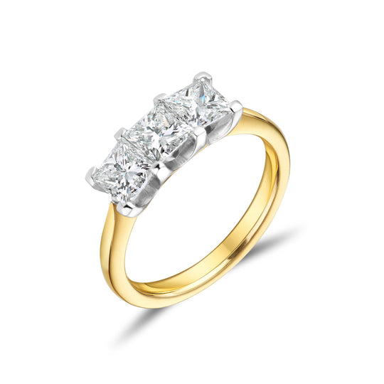 18ct Yellow Gold Princess Cut Three Stone Diamond Ring