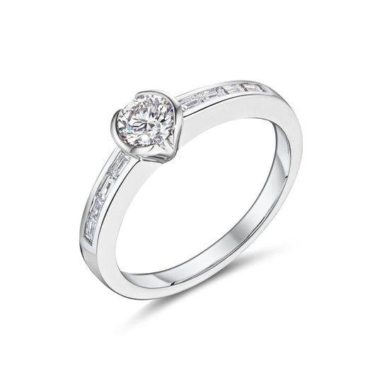 18ct White Gold Solitaire & Baguette Diamond Ring
