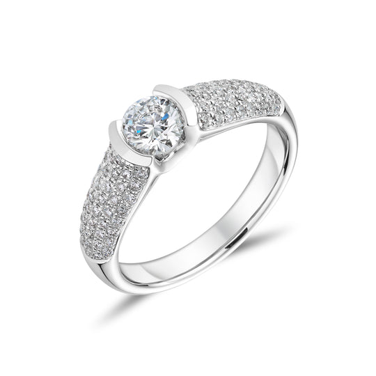 18ct White Gold Solitaire & Five Row Diamond Shoulder Ring