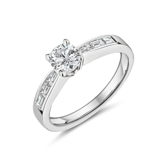 18ct White Gold Solitaire & Baguette Diamond Ring