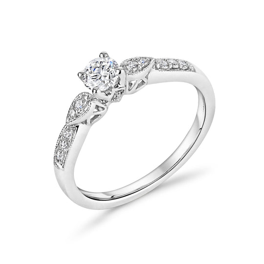 18ct White Gold Solitaire Milgrain Set Diamond Ring