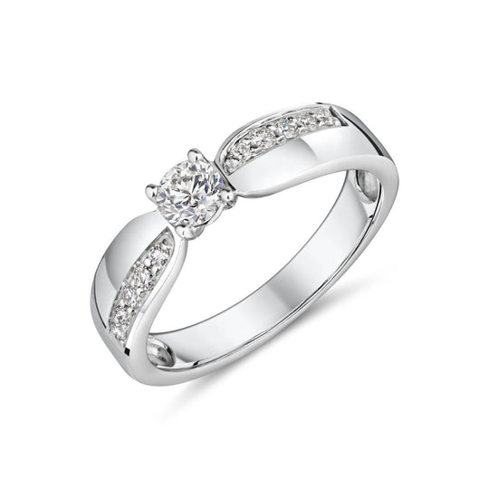 18ct White Gold Solitaire & Offset Diamond Shoulders Engagement Ring