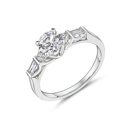 18ct White Gold Solitaire & Baguette Shoulder Engagement Ring