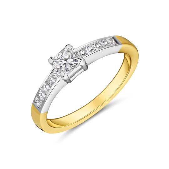 18ct Yellow Gold Princess Cut Engagement Ring With Diamond Shoulders