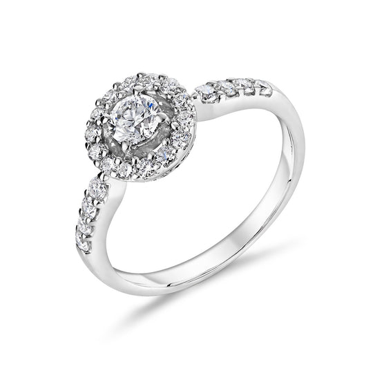 18ct White Gold Halo Style Ring With Diamond Shoulders