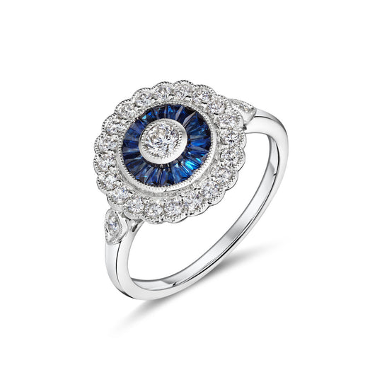 White Gold Art Deco Style Sapphire & Diamond Ring