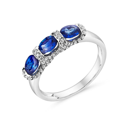 White Gold Three Stone Oval Sapphire & Diamond Ring