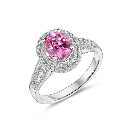 White Gold Oval Pink Sapphire Double Halo Ring