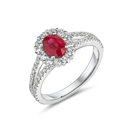 18ct White Gold Oval Ruby & Diamond Halo Ring