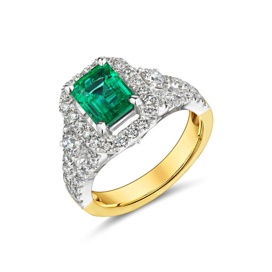 Yellow & White Gold Emerald & Diamond Halo Ring