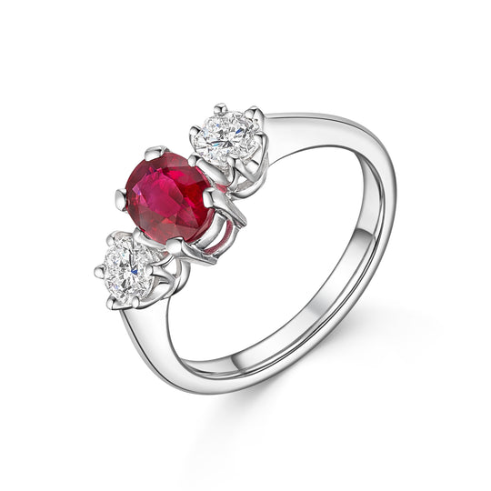 18ct White Gold Three Stone Ruby & Diamond Ring